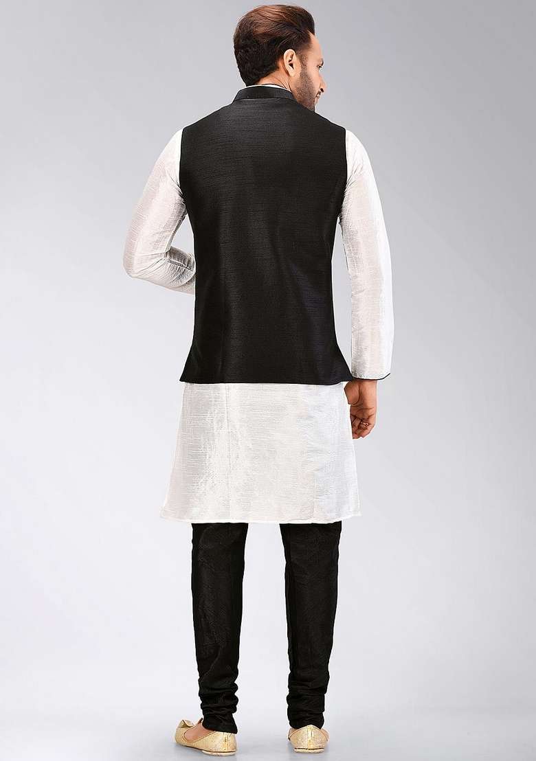 White Solid Art Silk Blend Nehru Jackets Set For Men - Indya