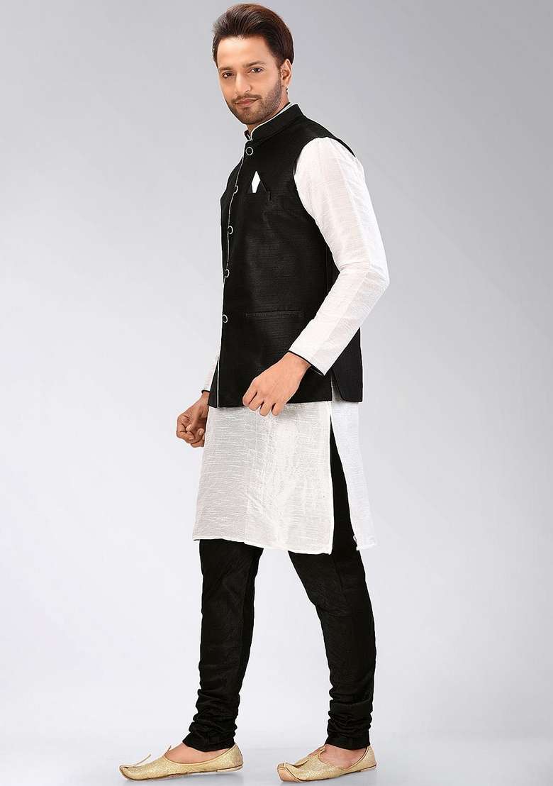 White Solid Art Silk Blend Nehru Jackets Set For Men - Indya