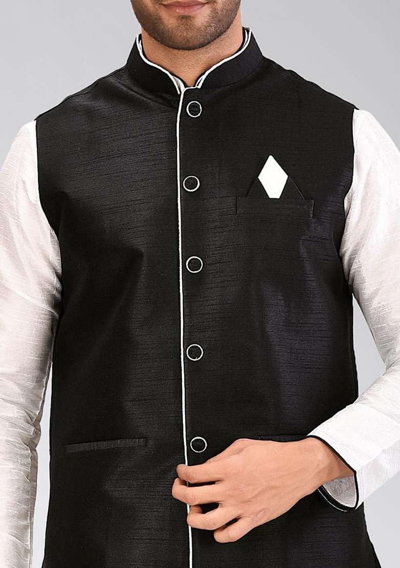White Solid Art Silk Blend Nehru Jackets Set For Men - Indya
