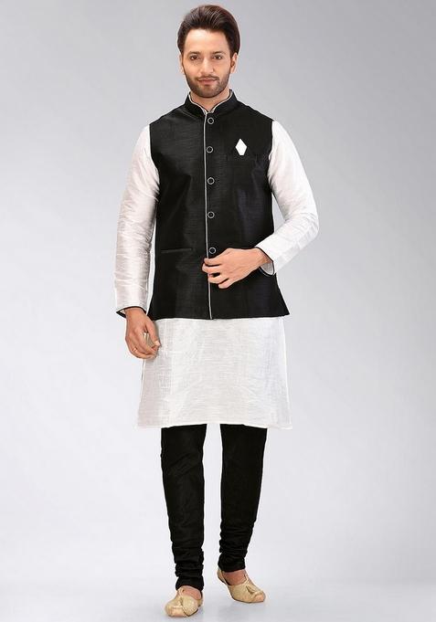 White Solid Art Silk Blend Nehru Jackets Set For Men