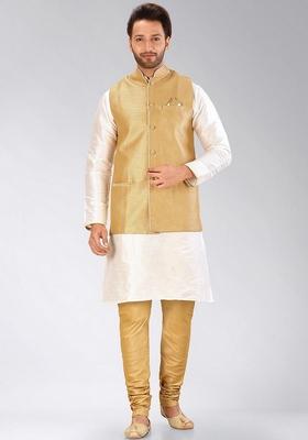 White Solid Art Silk Nehru Jackets Set For Men