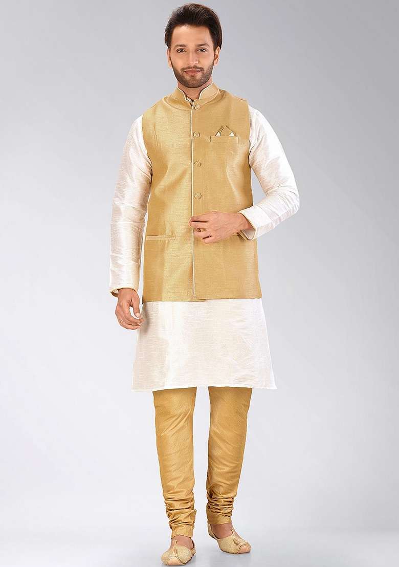 White Solid Art Silk Blend Nehru Jackets Set For Men - Indya