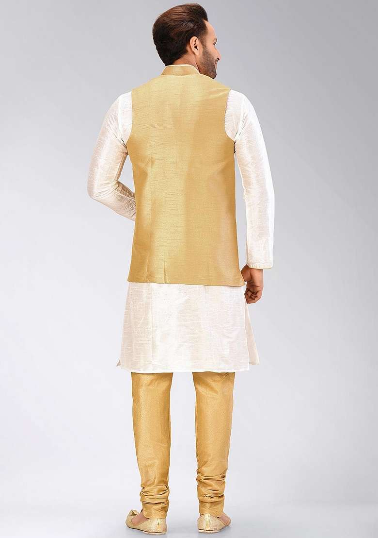 White Solid Art Silk Blend Nehru Jackets Set For Men - Indya