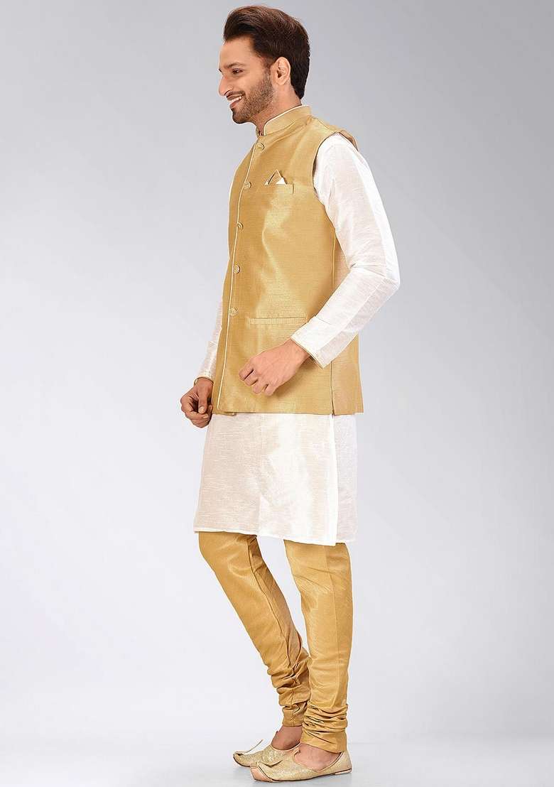 White Solid Art Silk Blend Nehru Jackets Set For Men - Indya
