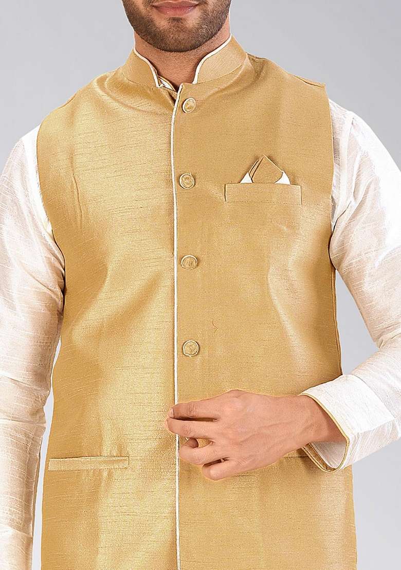 White Solid Art Silk Blend Nehru Jackets Set For Men - Indya