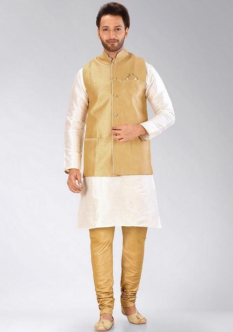 White Solid Art Silk Blend Nehru Jackets Set For Men