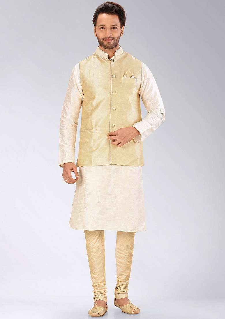 Cream Solid Art Silk Blend Nehru Jackets Set For Men - Indya