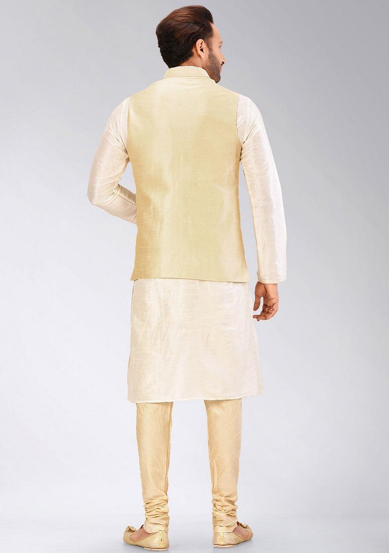 Cream Solid Art Silk Nehru Jackets Set For Men - Indya