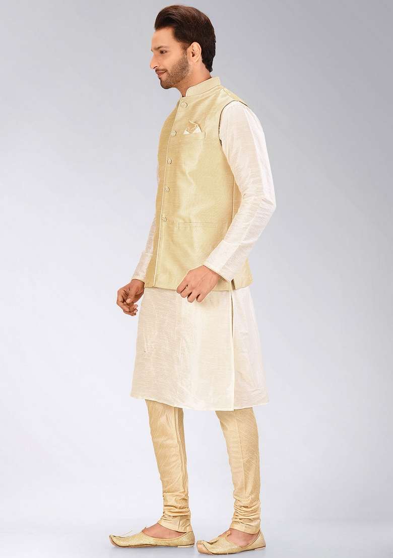 Cream Solid Art Silk Blend Nehru Jackets Set For Men - Indya