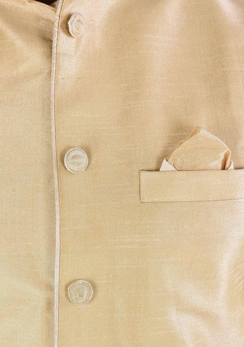 Cream Solid Art Silk Nehru Jackets Set For Men - Indya