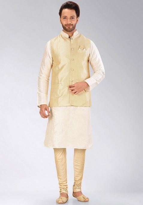 Cream Solid Art Silk Blend Nehru Jackets Set For Men