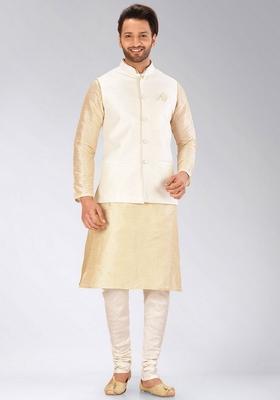 Peach Solid Art Silk Nehru Jackets Set For Men