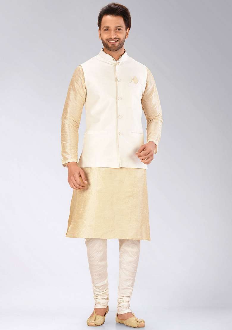 Peach Solid Art Silk Blend Nehru Jackets Set For Men - Indya
