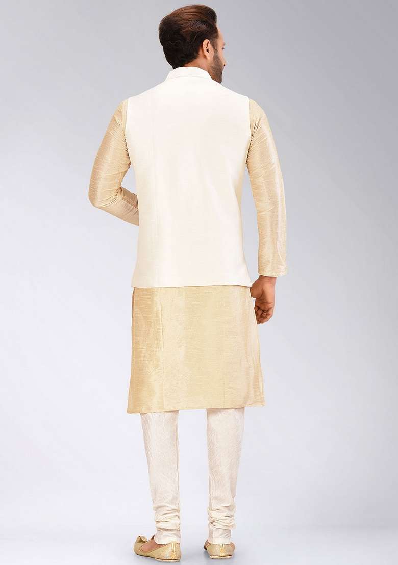 Peach Solid Art Silk Blend Nehru Jackets Set For Men - Indya