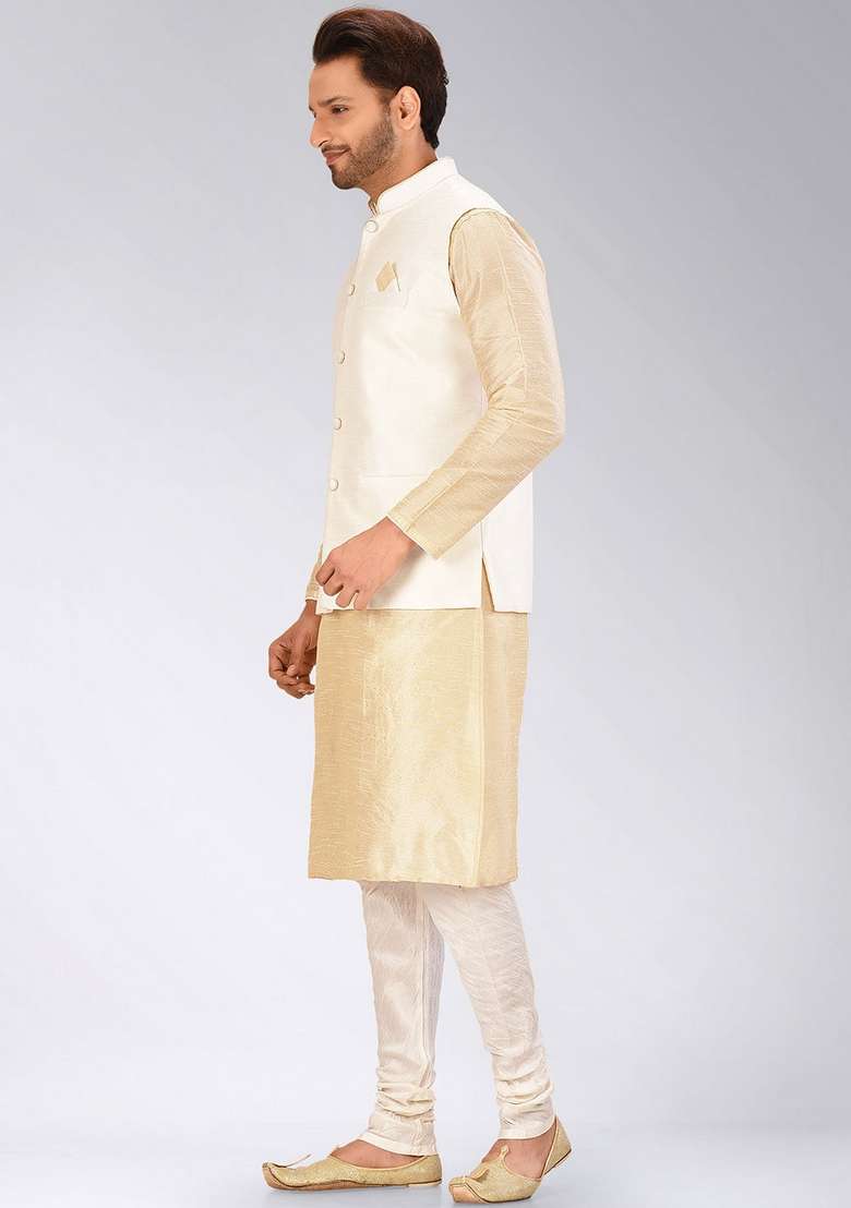 Peach Solid Art Silk Blend Nehru Jackets Set For Men - Indya
