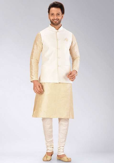 Peach Solid Art Silk Blend Nehru Jackets Set For Men