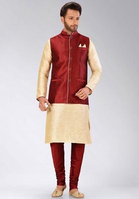 Peach Solid Art Silk Nehru Jackets Set For Men
