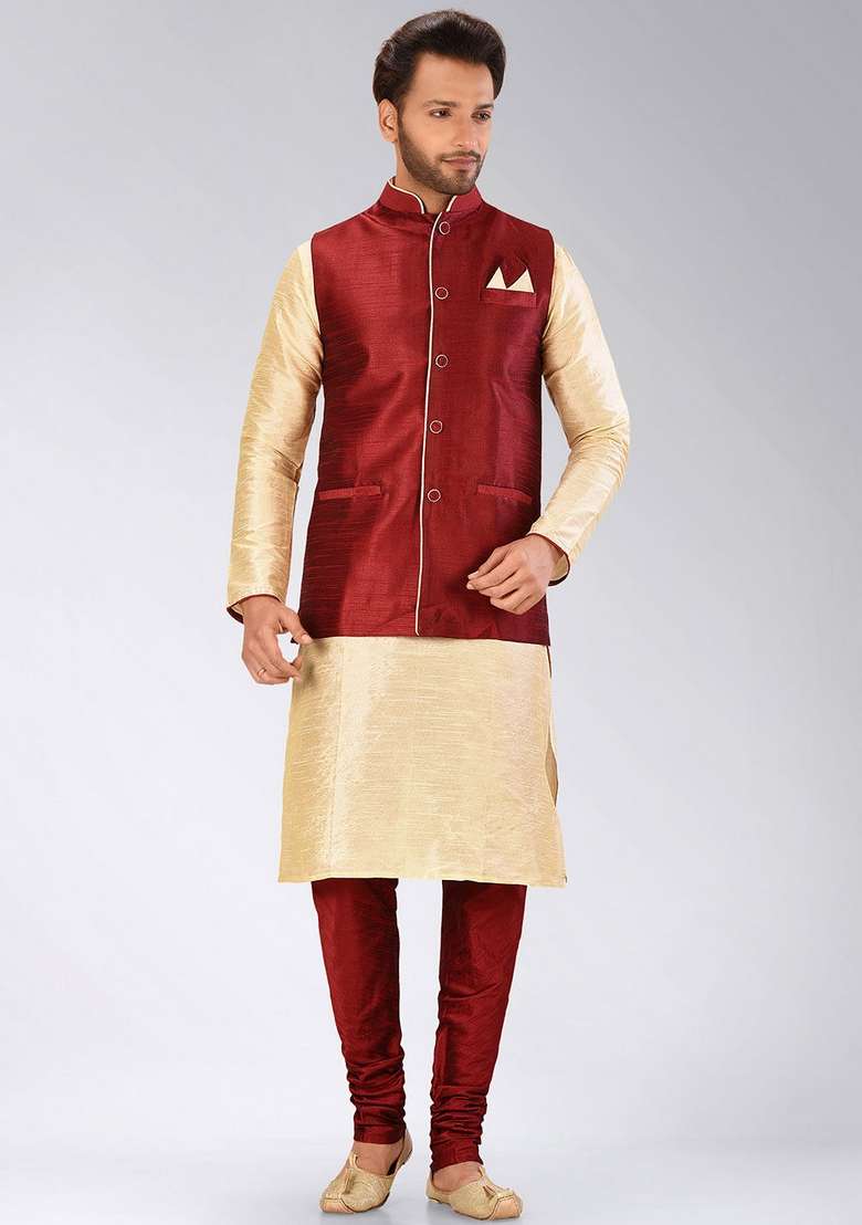 Peach Solid Art Silk Blend Nehru Jackets Set For Men - Indya
