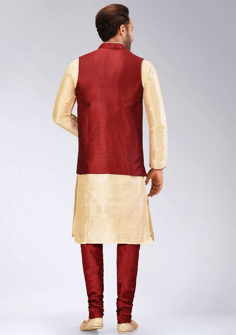 Peach Solid Art Silk Blend Nehru Jackets Set For Men - Indya