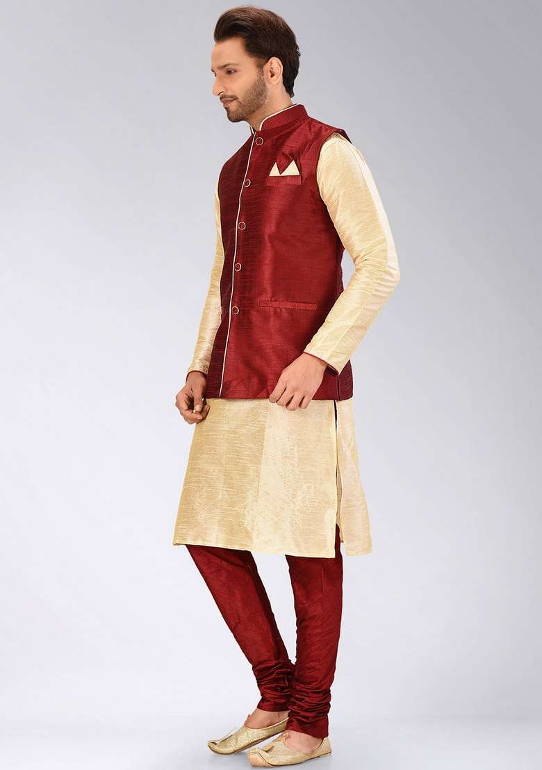 Peach Solid Art Silk Blend Nehru Jackets Set For Men - Indya