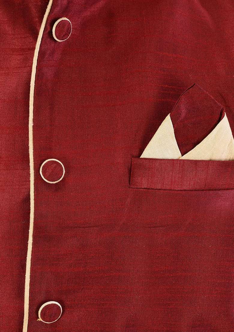 Peach Solid Art Silk Blend Nehru Jackets Set For Men - Indya