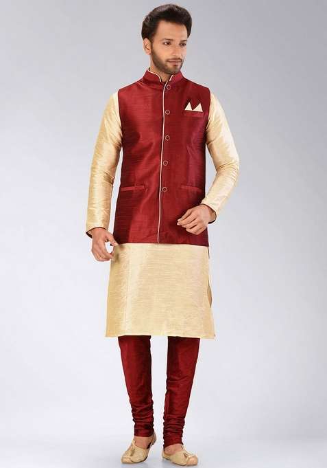 Peach Solid Art Silk Blend Nehru Jackets Set For Men