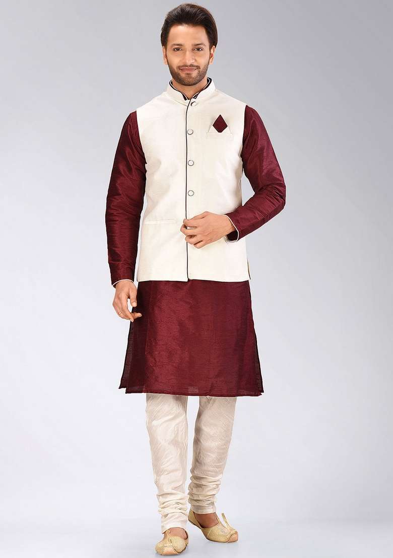 Mahroon Solid Art Silk Blend Nehru Jackets Set For Men - Indya