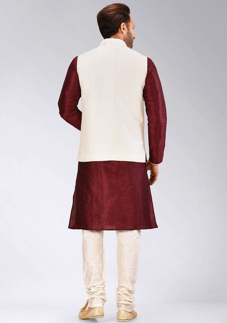 Mahroon Solid Art Silk Blend Nehru Jackets Set For Men - Indya