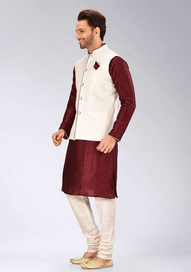 Mahroon Solid Art Silk Blend Nehru Jackets Set For Men - Indya