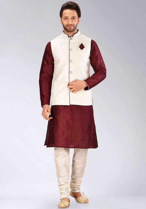 Mahroon Solid Art Silk Blend Nehru Jackets Set For Men