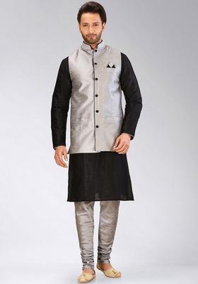 Black Solid Art Silk Nehru Jackets Set For Men