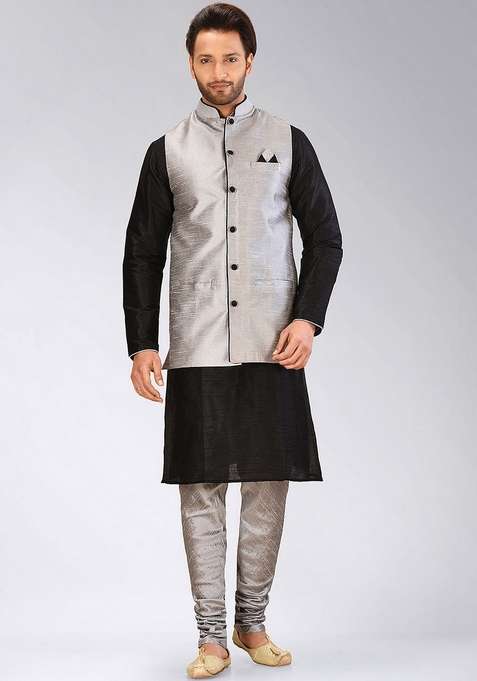 Black Solid Art Silk Blend Nehru Jackets Set For Men