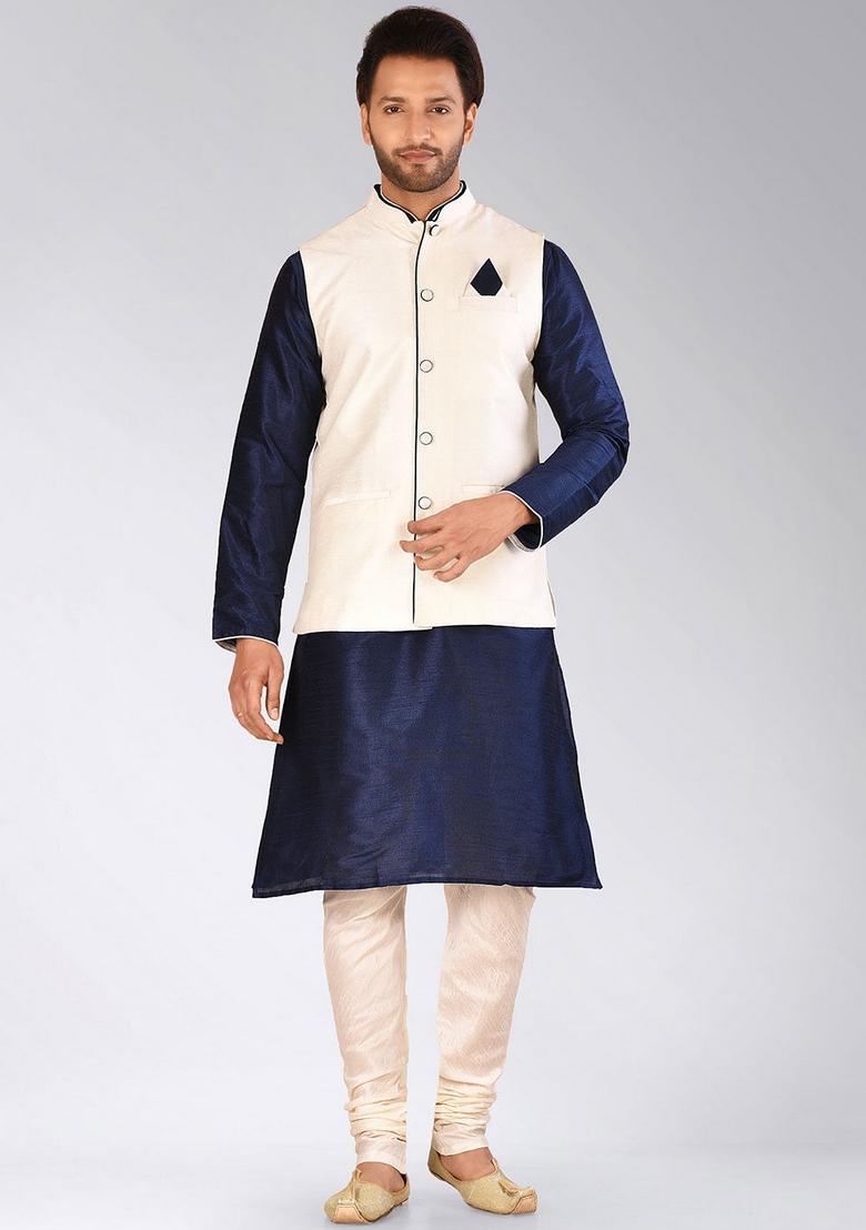 Navy Blue Solid Art Silk Nehru Jackets Set For Men