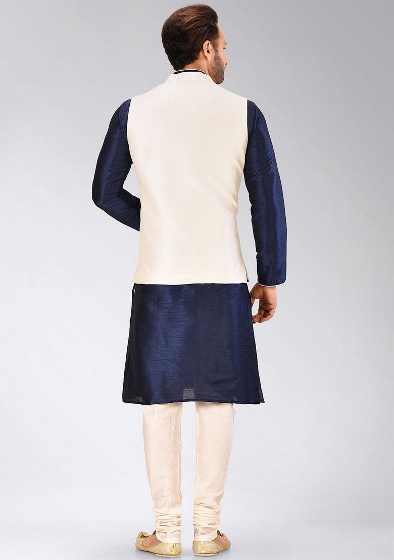 Navy Blue Solid Art Silk Nehru Jackets Set For Men