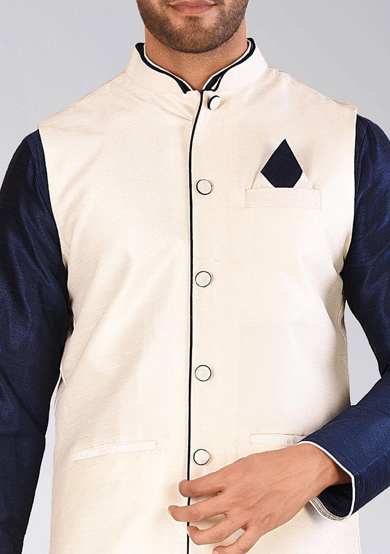 Navy Blue Solid Art Silk Nehru Jackets Set For Men