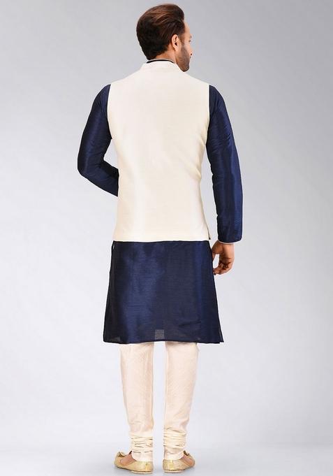 Navy Blue Solid Art Silk Nehru Jackets Set For Men