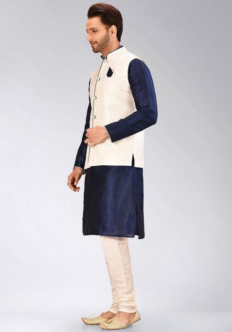 Navy Blue Solid Art Silk Nehru Jackets Set For Men
