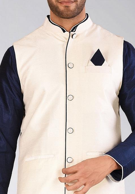 Navy Blue Solid Art Silk Nehru Jackets Set For Men