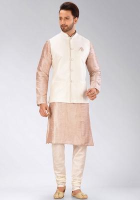 Light Brown Solid Art Silk Nehru Jackets Set For Men