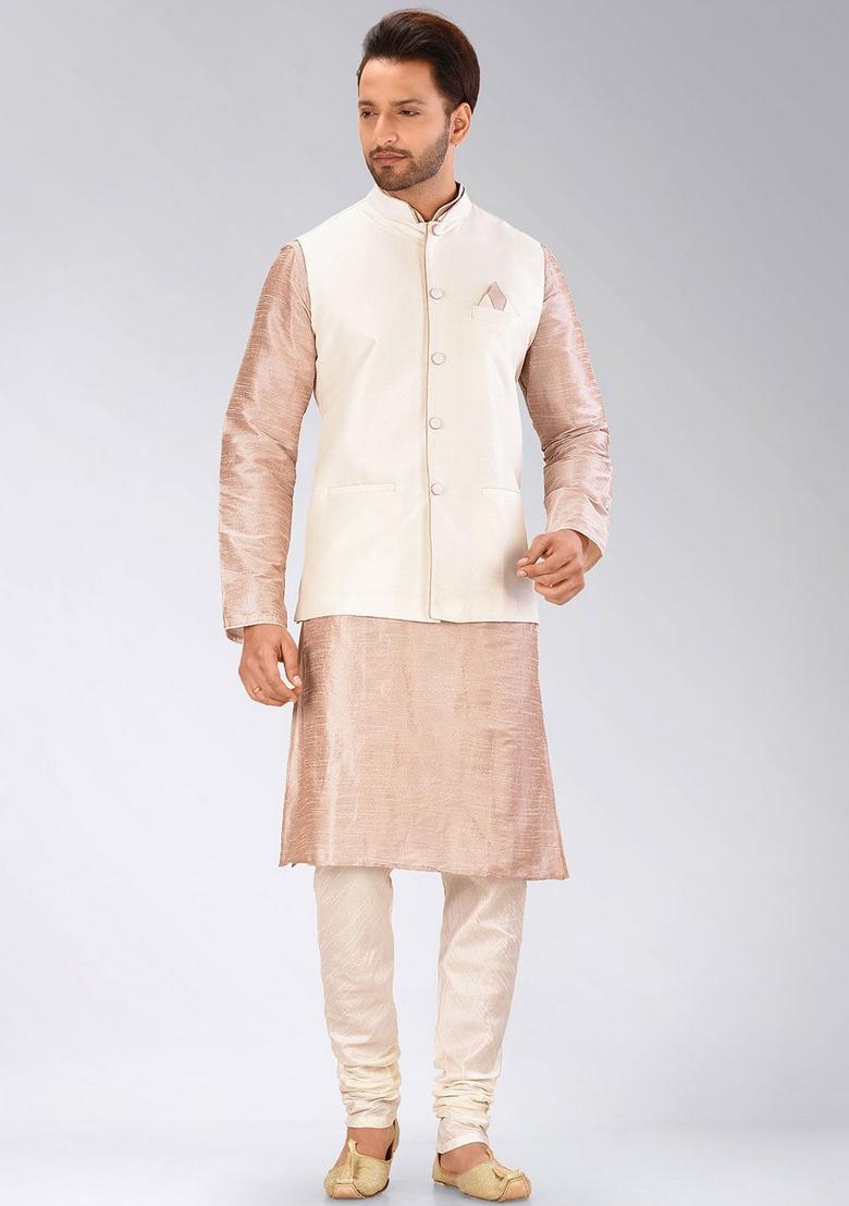 Light Brown Solid Art Silk Nehru Jackets Set For Men