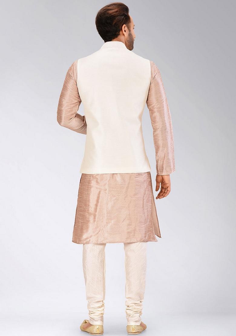 Light Brown Solid Art Silk Nehru Jackets Set For Men