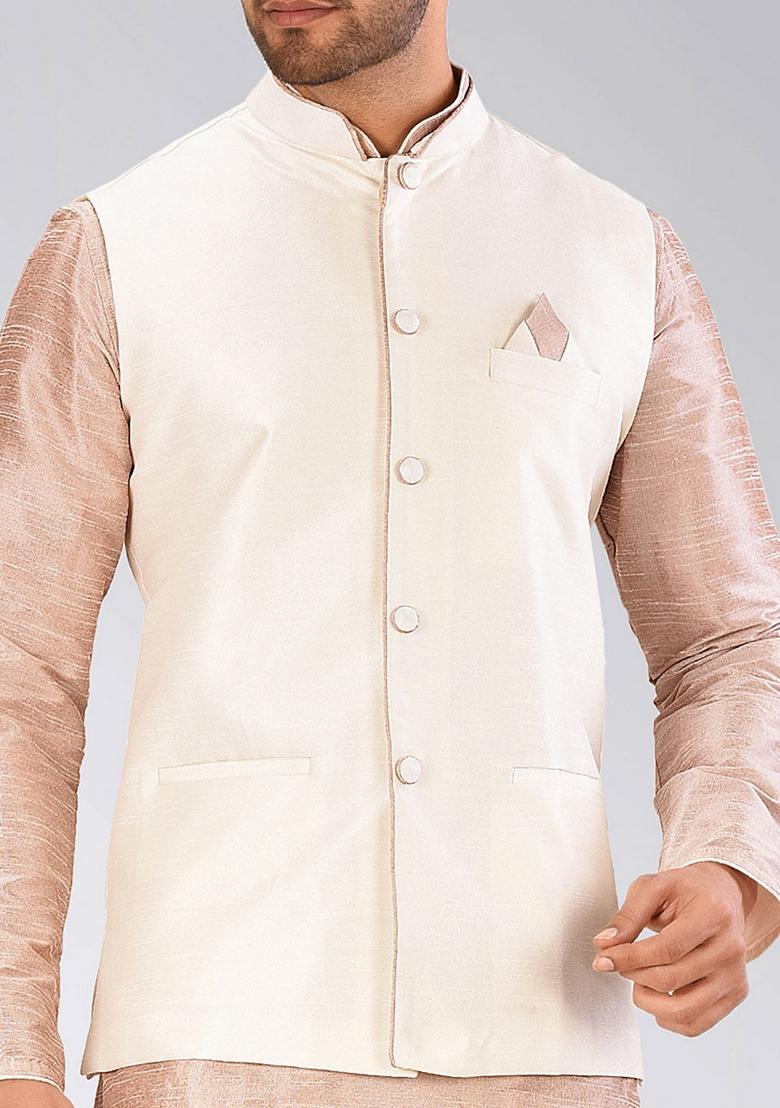 Light Brown Solid Art Silk Nehru Jackets Set For Men