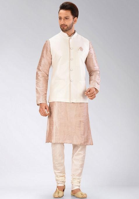Light Brown Solid Art Silk Nehru Jackets Set For Men