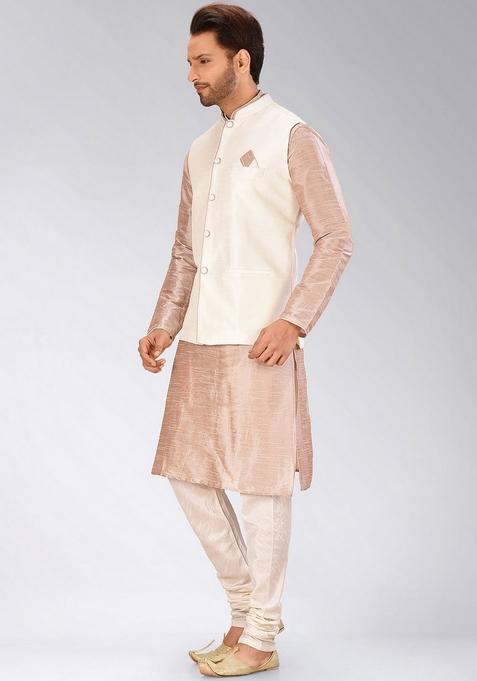 Light Brown Solid Art Silk Nehru Jackets Set For Men