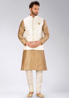 Chikoo Brown Solid Art Silk Nehru Jackets Set For Men