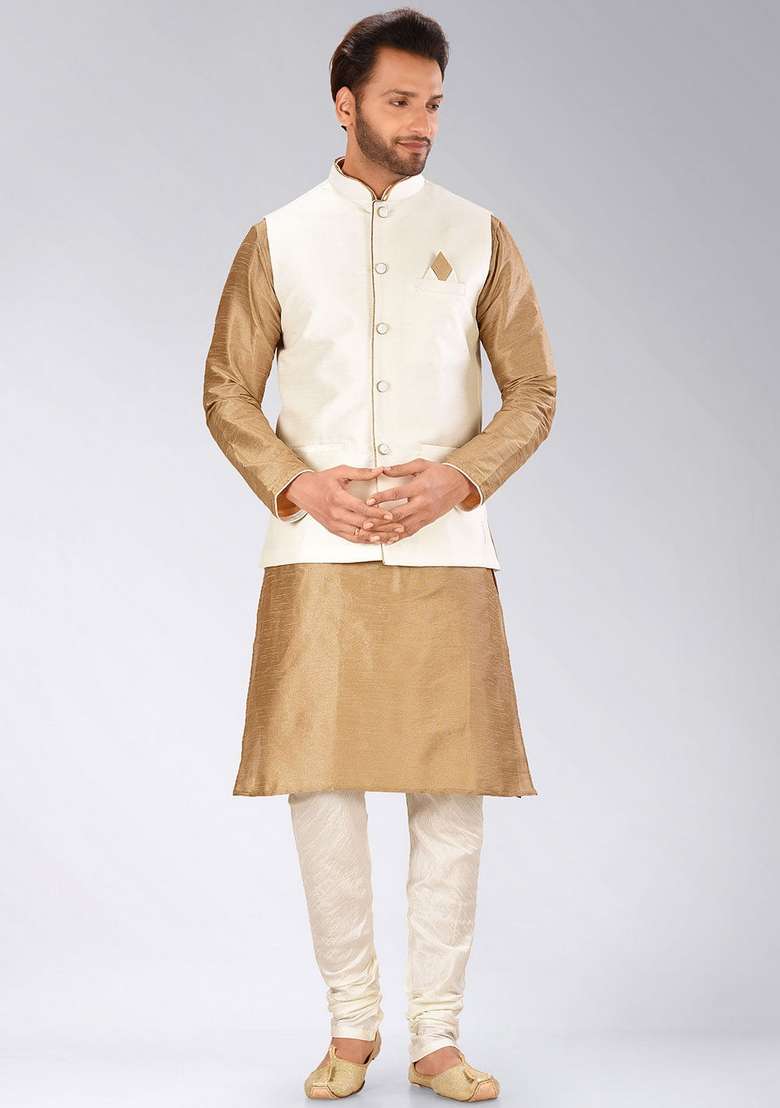 Chikoo Brown Solid Art Silk Blend Nehru Jackets Set For Men - Indya