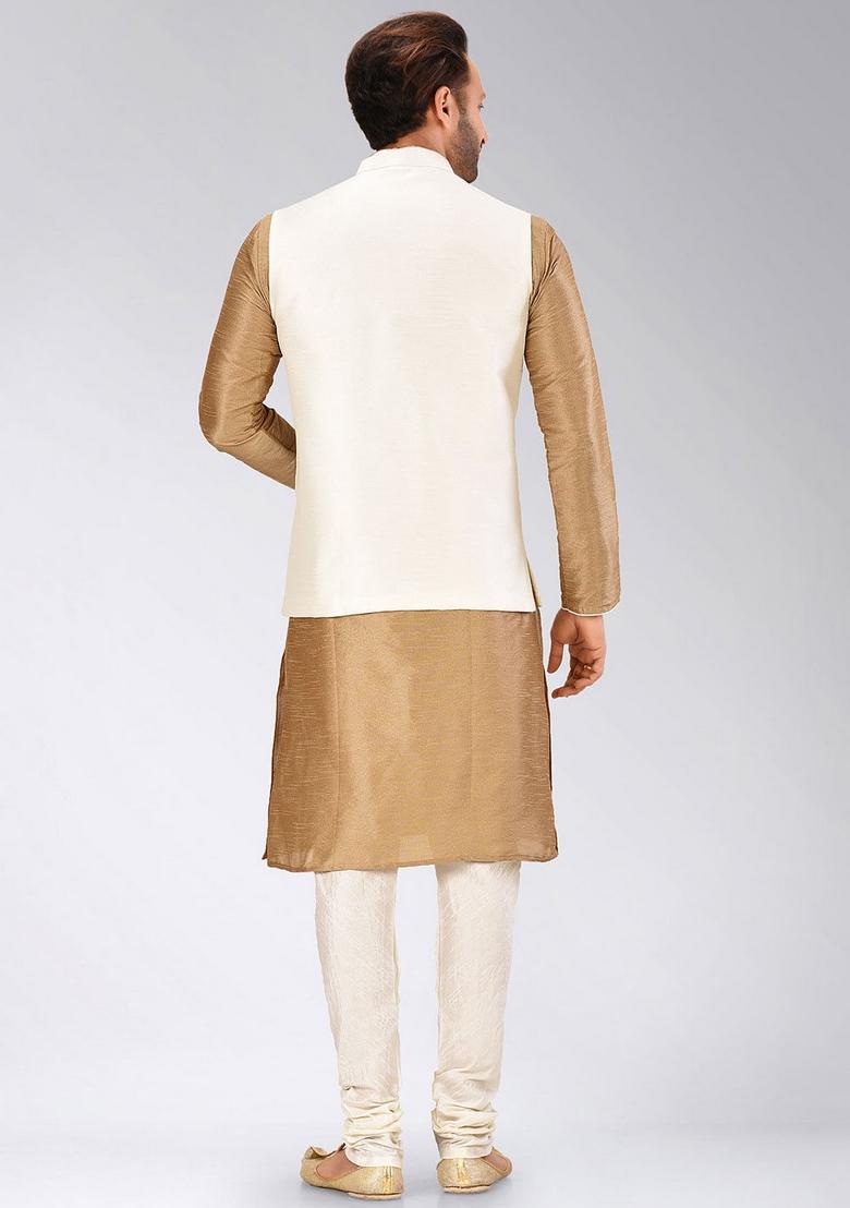 Chikoo Brown Solid Art Silk Nehru Jackets Set For Men - Indya