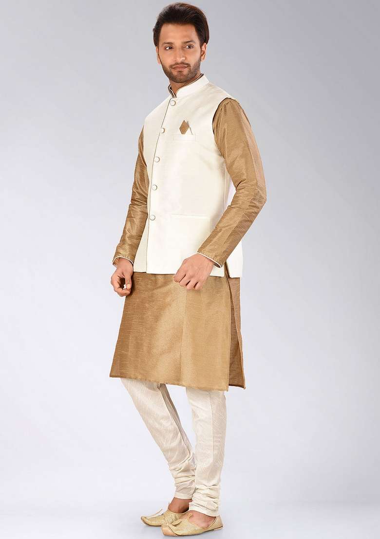 Chikoo Brown Solid Art Silk Blend Nehru Jackets Set For Men - Indya