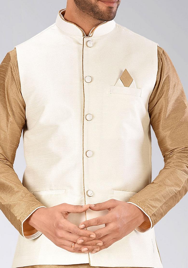 Chikoo Brown Solid Art Silk Nehru Jackets Set For Men - Indya