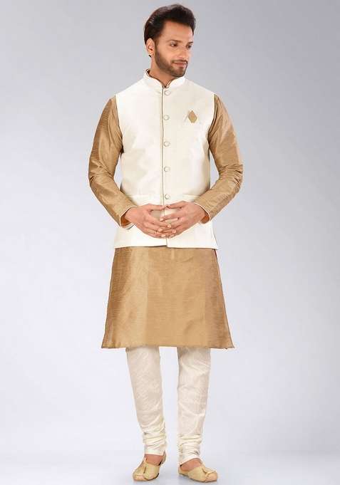 Chikoo Brown Solid Art Silk Blend Nehru Jackets Set For Men